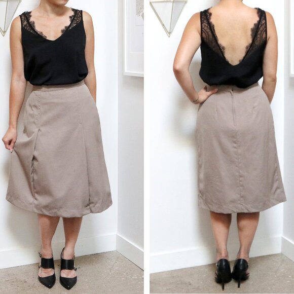 Vintage Khaki A Line Skirt, Classic Flared Cut w/ Tulip Pleats, Small Office - Picture 1 of 8